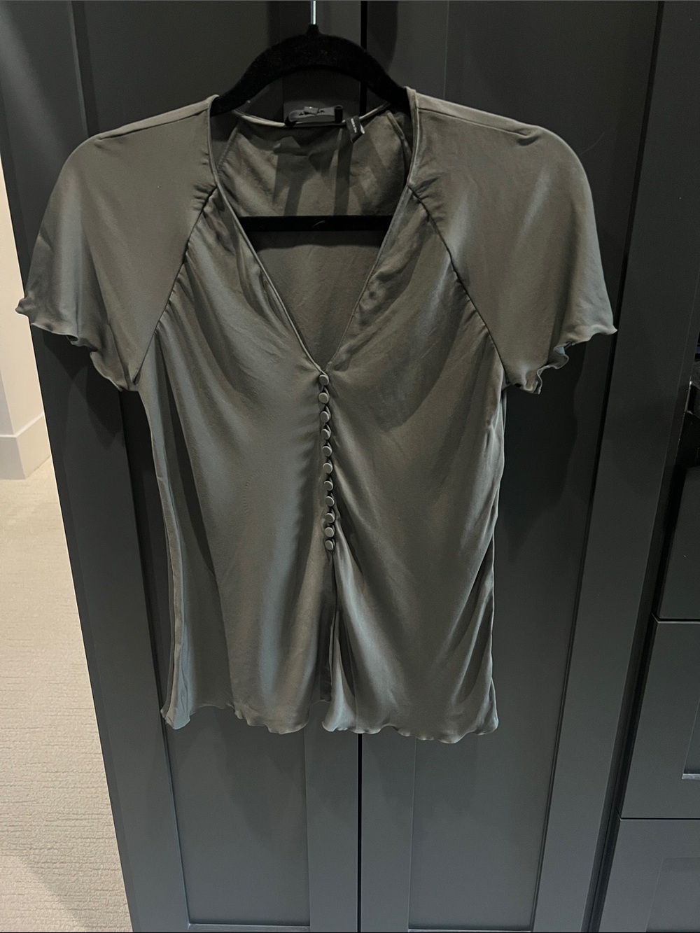 Theory Olive Green V-Neck Button-Front Top